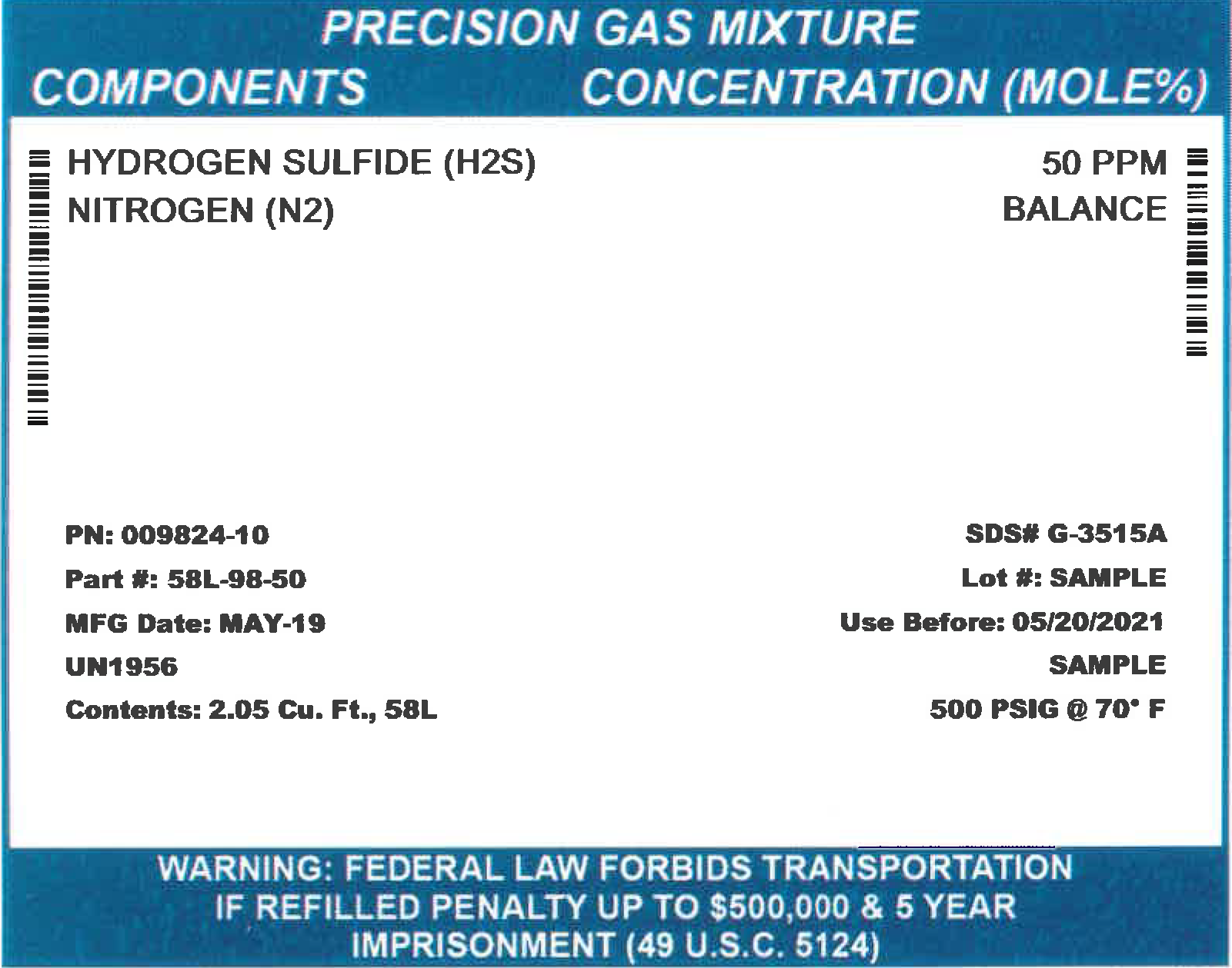 Hydrogen Sulfide, H2S, 50 ppm in Nitrogen (58SL)