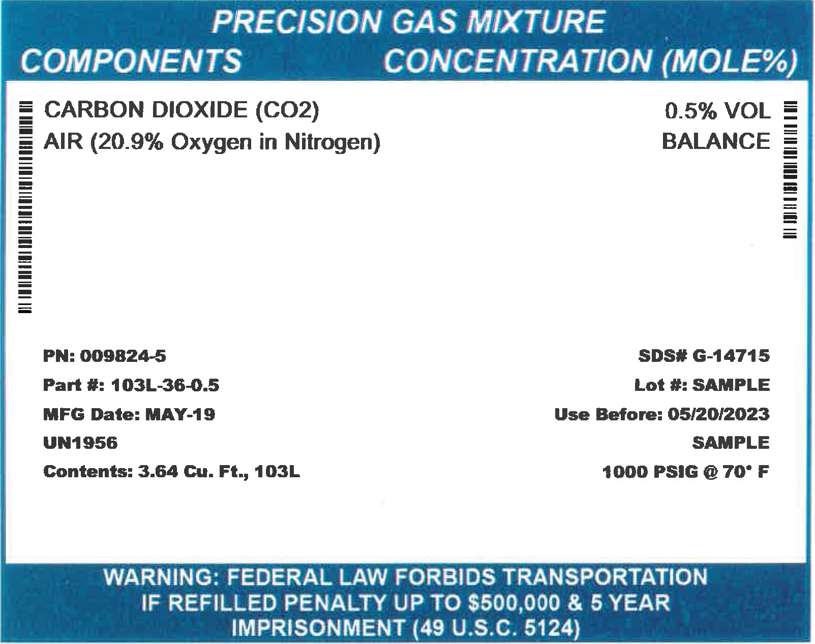 Carbon Dioxide, CO2, 0.5% volume in Air (103 SL)